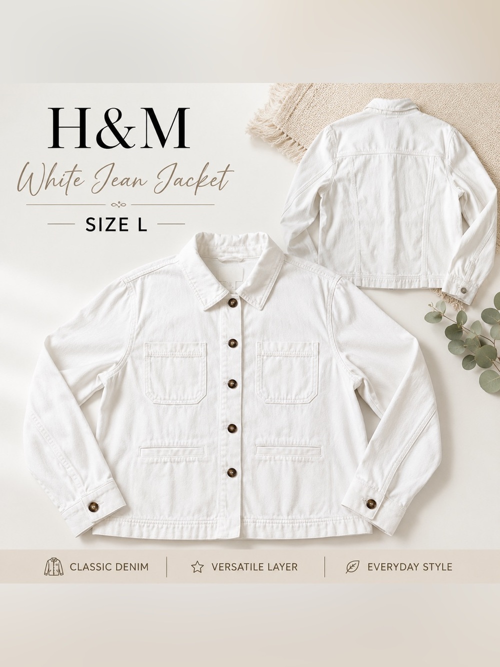 H&M Women's White Denim Boxy Cropped Jean Jacket‎ Size L